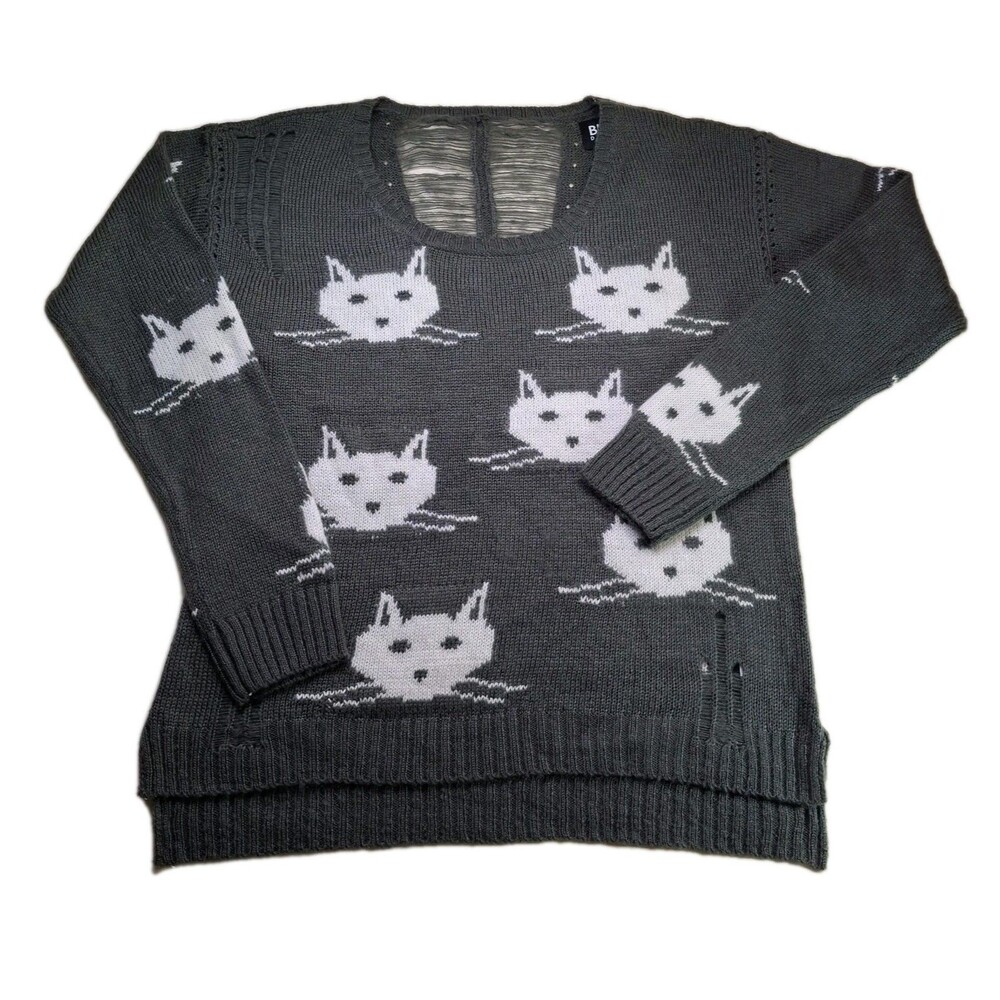 Buffalo David Bitton Sz M Distressed Cat Sweater Black White Goth Cat Lover